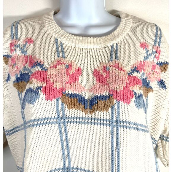 Vintage 90’s Eddie Bauer Sweater Women L Cream Floral Roses Chunky Knit Crewneck - Picture 3 of 7